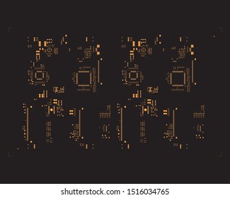 abstract placement of solder mask for components (IC CHIP). Orange for solder paste PCB components on black background
