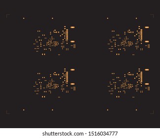 abstract placement of solder mask for components (IC CHIP). Orange for solder paste PCB components on black background