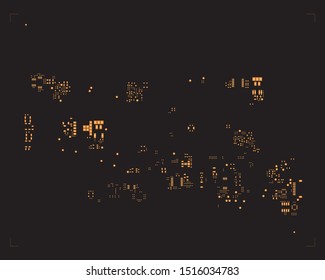 abstract placement of solder mask for components (IC CHIP). Orange for solder paste PCB components on black background