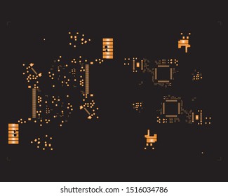 abstract placement of solder mask for components (IC CHIP). Orange for solder paste PCB components on black background