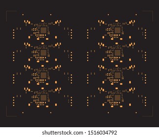 abstract placement of solder mask for components (IC CHIP). Orange for solder paste PCB components on black background