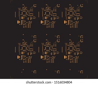 abstract placement of solder mask for components (IC CHIP). Orange for solder paste PCB components on black background
