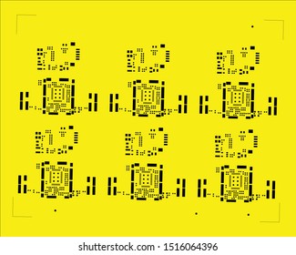 abstract placement of solder mask for components (IC CHIP). black for solder paste PCB components on yellow background