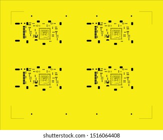 abstract placement of solder mask for components (IC CHIP). black for solder paste PCB components on yellow background