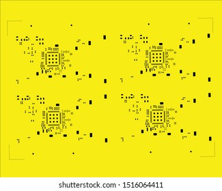 abstract placement of solder mask for components (IC CHIP). black for solder paste PCB components on yellow background