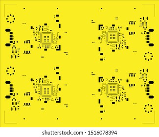 abstract placement of solder mask for components (IC CHIP). black for solder paste PCB components on yellow background