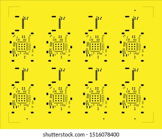 abstract placement of solder mask for components (IC CHIP). black for solder paste PCB components on yellow background