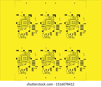abstract placement of solder mask for components (IC CHIP). black for solder paste PCB components on yellow background
