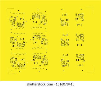 abstract placement of solder mask for components (IC CHIP). black for solder paste PCB components on yellow background