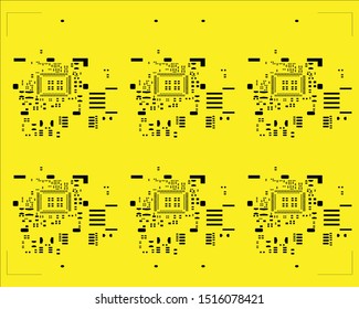 abstract placement of solder mask for components (IC CHIP). black for solder paste PCB components on yellow background
