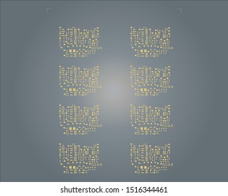 abstract placement of solder mask for components (IC CHIP). gold colour for solder paste PCB components on grey background