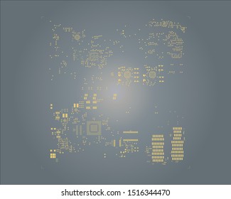 abstract placement of solder mask for components (IC CHIP). gold colour for solder paste PCB components on grey background
