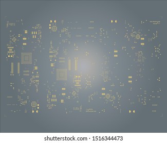 abstract placement of solder mask for components (IC CHIP). gold colour for solder paste PCB components on grey background