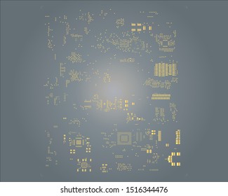 abstract placement of solder mask for components (IC CHIP). gold colour for solder paste PCB components on grey background