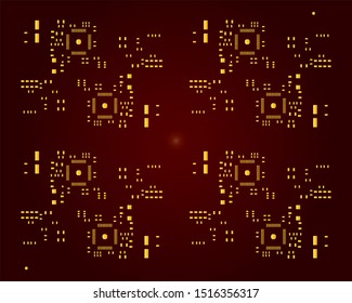 abstract placement of solder mask for components (IC CHIP). gold colour for solder paste PCB components on sorrel colour background