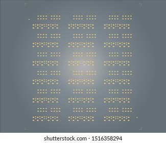 abstract placement of solder mask for components (IC CHIP). gold colour for solder paste PCB components on grey colour background