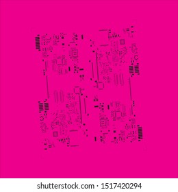 abstract placement of solder mask for components (IC CHIP). black for solder paste PCB components on magenta background