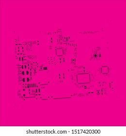 abstract placement of solder mask for components (IC CHIP). black for solder paste PCB components on magenta background