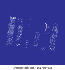 Abstract placement of solder mask for components (IC CHIP). White for solder paste PCB components on blue  background