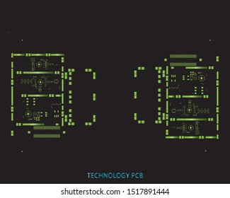Abstract placement of solder mask for components (IC CHIP). Green for solder paste PCB components on black background