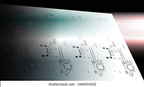 Abstract placement of solder mask for components (IC CHIP). White for solder paste PCB components on grey. black background with lighting ilustration