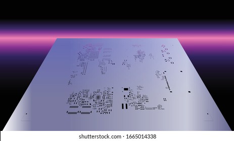 Colocación abstracta de la máscara de soldadura para los componentes (IC CHIP). Blanco para componentes de PCB de pasta de soldadura en gris. fondo negro con iluminación