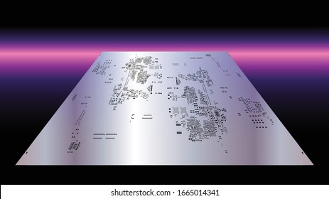 Colocación abstracta de la máscara de soldadura para los componentes (IC CHIP). Blanco para componentes de PCB de pasta de soldadura en gris. fondo negro con iluminación