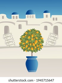  Resumen de lugares, pueblos, callejuelas, viejos pueblos en Santorini, España, Grecia e Italia en colores azules y limoneros. Ilustraciones y diseño de vectores de viajes