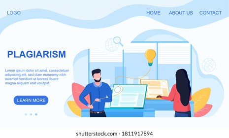 Abstract plagiarism concept. Man stealing the result of girls intellectual labor. Flat vector illustration. Web page template
