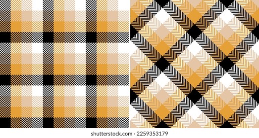 Abstract plaid pattern in black, beige, yellow, white. Seamless mosaic tartan vector set for spring summer autumn winter scarf, dress, skirt, jacket, other modern everyday fashion fabric design.