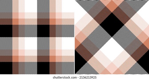 Abstract plaid pattern in black, blush pink, powder pink, white. Seamless herringbone check texture for flannel shirt, skirt, blanket, scarf, other modern spring summer autumn winter textile design.
