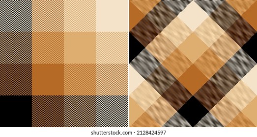 Abstract plaid pattern in brown, gold, black, beige. Herringbone textured Scottish tartan check print for spring autumn winter flannel shirt, scarf, blanket, duvet cover, other modern fabric design. Stock Vector