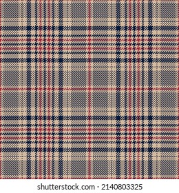 Abstract plaid pattern glen in navy blue, red, beige brown. Seamless tweed tartan check vector for dress, jacket, trousers, blanket, scarf, other modern spring autumn winter fashion textile design.