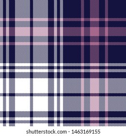 Abstract plaid pattern. Seamless tartan check plaid in navy blue, pink, and white for flannel shirt, poncho, blanket, or other modern fabric design. Herringbone woven pixel texture.