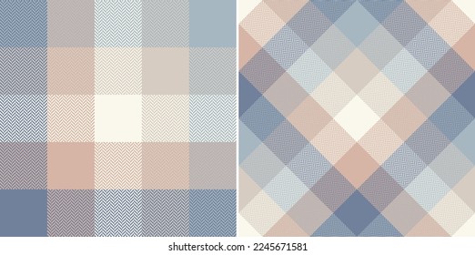 Abstract plaid pattern in soft cashmere beige, blue, pink for spring autumn winter. Seamless herringbone tartan check set for scarf, blanket, flannel shirt, poncho, throw, other fashion textile print.