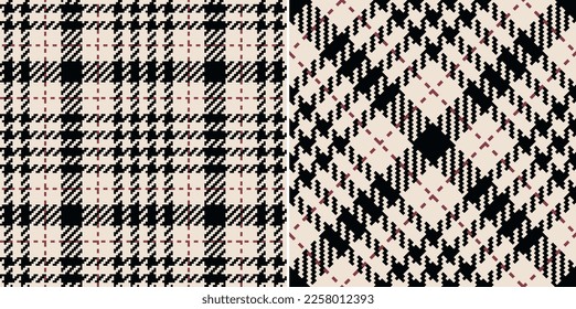 Patrón abstracto de plaid retorcido en negro, rojo, blanco roto para vestido, chaqueta, abrigo, falda, bufanda. Gráfica tartán de pie de ganso de píxel pequeño e impecable para el diseño textil de moda de invierno de primavera moderna.