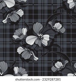 Abstract Plaid Pattern with Vibrant Flowers, Fashion Artwork for Print and Textile Design, Stylish Floral Fabric Texture, Vintage inspired Plaid Pattern with Chic Flowers