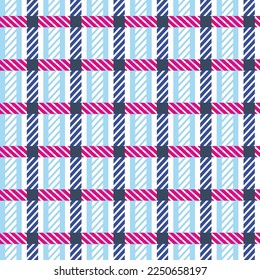 Abstrakte, gepolsterte Stilstreifen Psychedelisch geprüfter Gingham Seamless Vector Muster Geometric Concept Trendy Fashion Colors Perfekt für Allover Stoffdruck oder Wrapping Paper Blue Fuchsia Tones