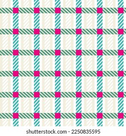 Abstract Plaid Style Stripes Psychedelic Checkered Gingham Seamless Vector Pattern Geometric Concept Trendy Fashion Colors Perfect for Allover Fabric Print or Wrapping Paper Tiffany Blue Fuchsia Tones