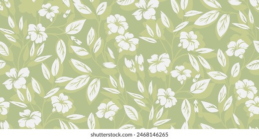 Abstract plain wild flowers, tiny buds, small leaves seamless pattern on a green, mint background. Pastel spring floral printing. Vector hand drawing. Nature ornament for textile, fabric, wallpaper