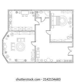 Abstract plan of two-bedroom apartment, with kitchen, bathroom, bedroom, living room. Vector illustration EPS8