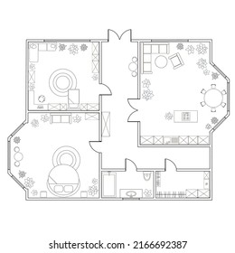 Resumen de un apartamento de dos dormitorios, con cocina, baño, dormitorio, salón. Ilustración del vector EPS8