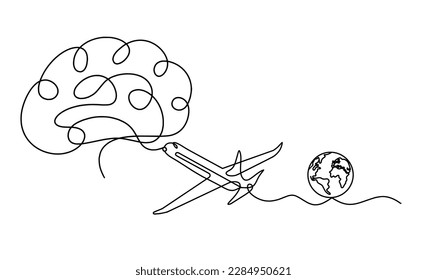 Abstract plane with brain as line drawing on white background. Vector