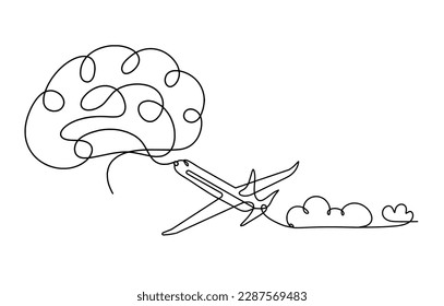 Abstract plane with brain as line drawing on white background. Vector