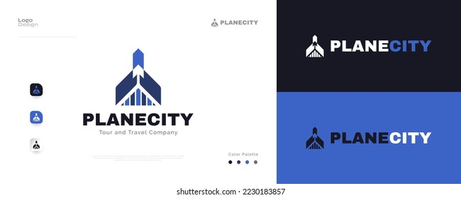 Abstract Plane and City Logo Design. City and Arrow Logo or Icon for Aviation, Tourism, Travel or Real Estate Business Logo