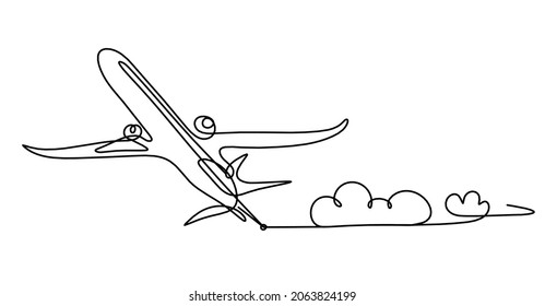 Abstract plane with clouds as line drawing on white as background. Vector