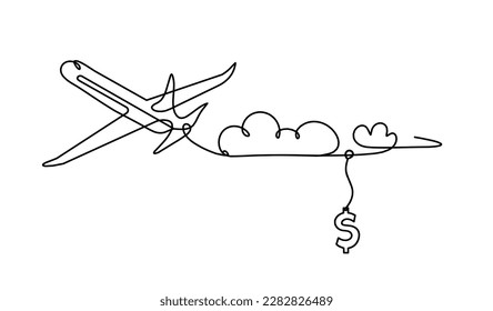 Abstract plane with dollar as line drawing on white background. Vector