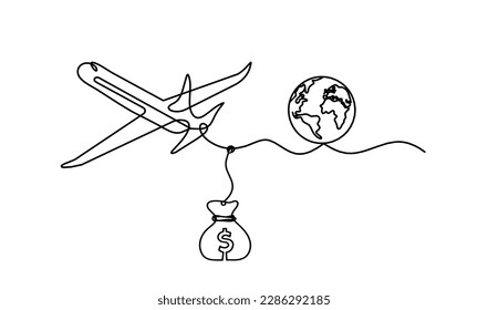 Abstract plane with dollar as line drawing on white background. Vector