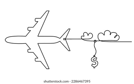 Abstraktes Flugzeug mit Dollar als Linie auf weißem Hintergrund. Vektorgrafik