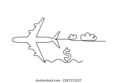 Abstract plane with dollar as line drawing on white background. Vector